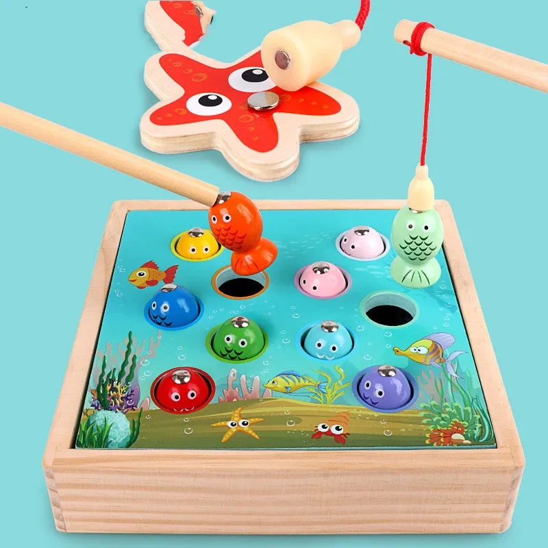 Juguete educativo de pesca magnético de madera para niños y niñas.