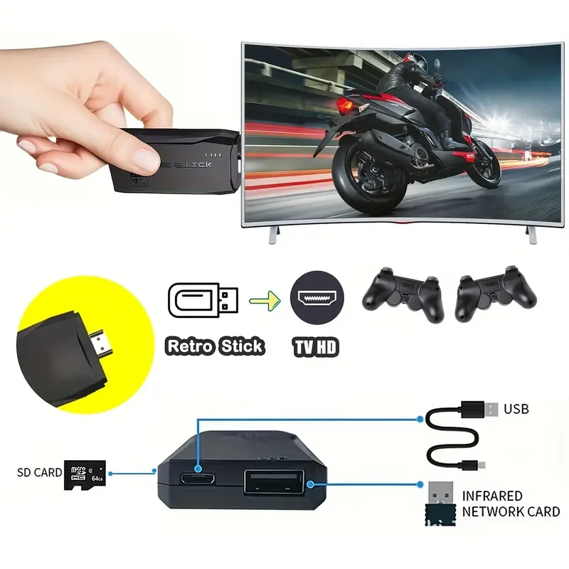 Consola de juegos inalámbrica retro con controladores de 2,4 GHz, 64 GB, 9 emuladores, carga USB, sistema TV HD Plug & Play, ESRB para adultos, juegos arcade multijugador, compatible con simuladores y expansiones.