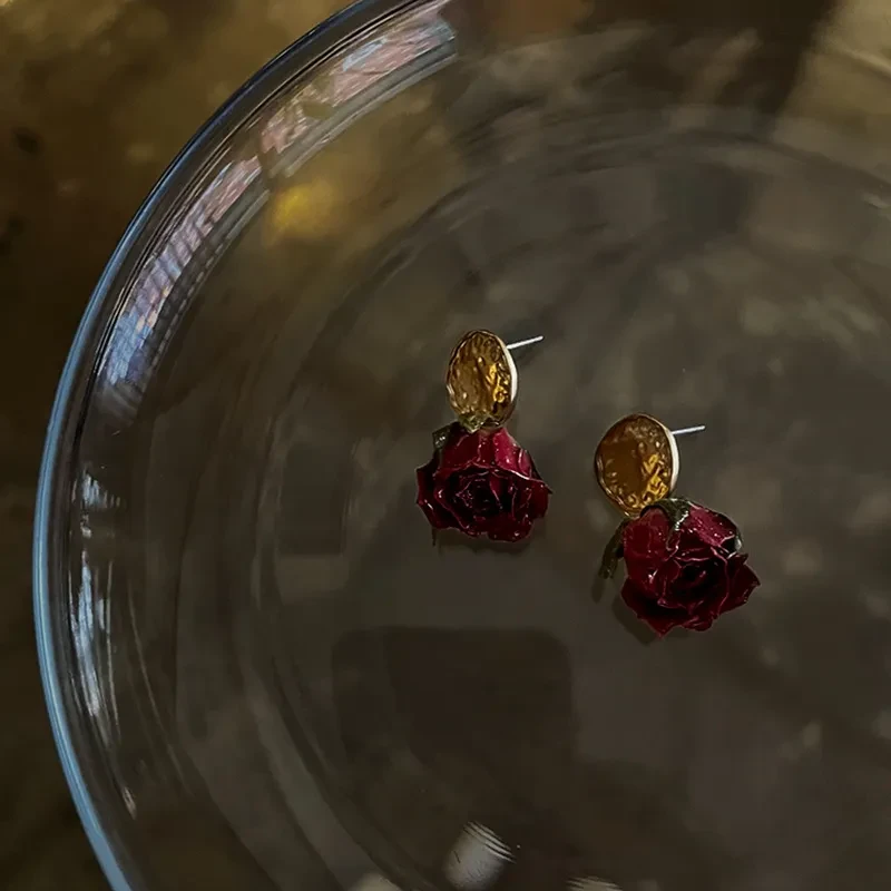 Pendientes de rosa eterna para mujer, estilo francés