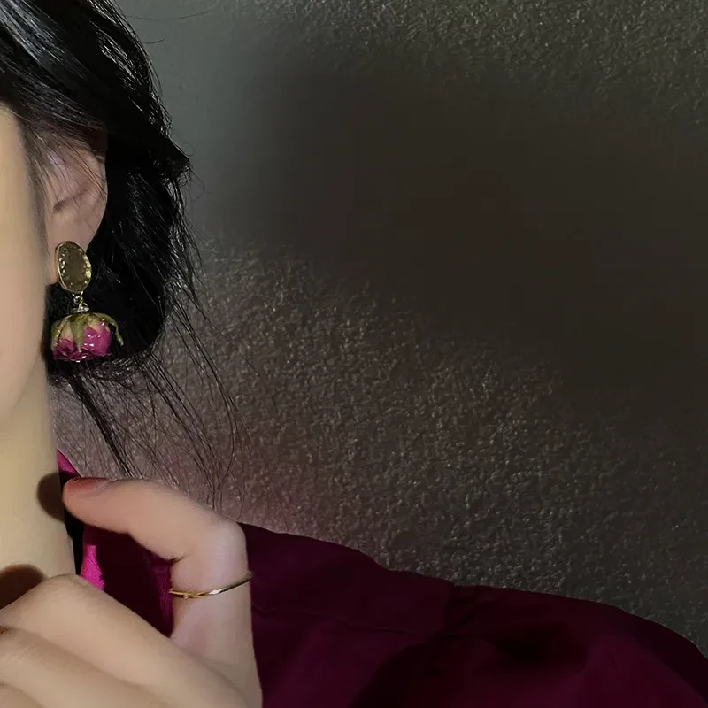 Pendientes de rosa eterna para mujer, estilo francés