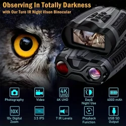 Dispositivo binocular de visión nocturna infrarroja, pantalla panorámica de 3 pulgadas, zoom digital de 10x, batería recargable integrada, ideal para monitoreo de granjas y estanques, patrullaje nocturno y pesca nocturna.