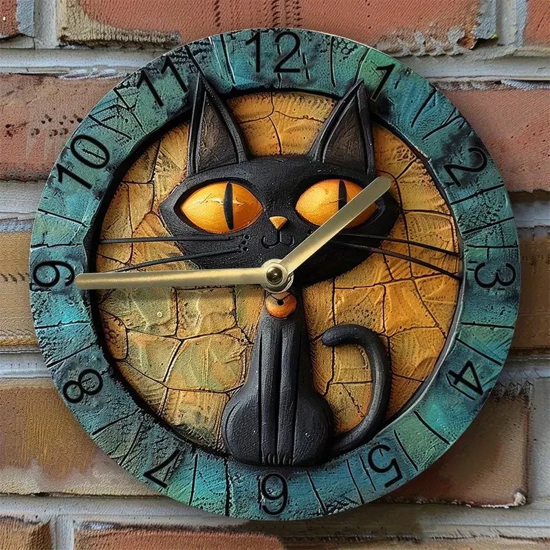 Reloj de pared silencioso de aluminio de 8x8" con diseño de gato negro
