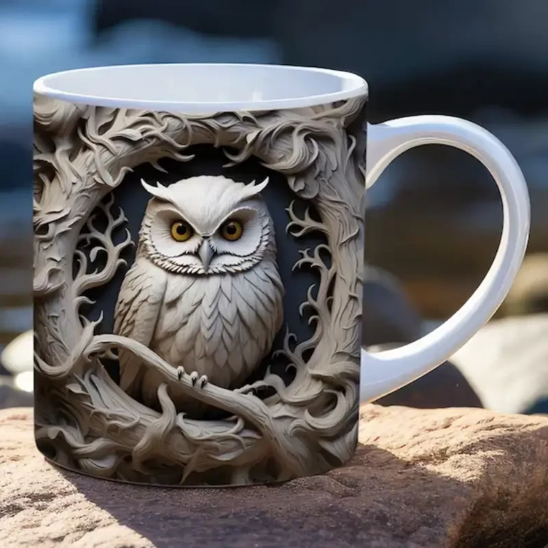 Taza de café reutilizable de cerámica grande con forma de búho 3D