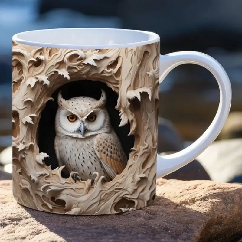 Taza de café reutilizable de cerámica grande con forma de búho 3D