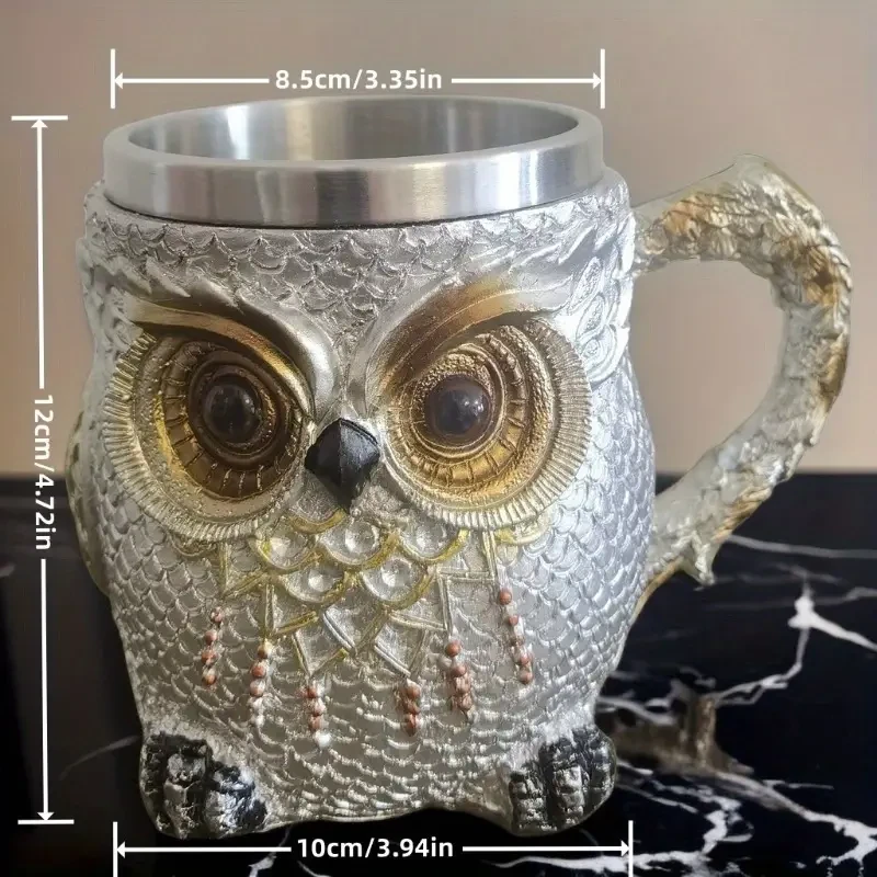 Taza de café de resina de acero inoxidable con búho tallado a mano