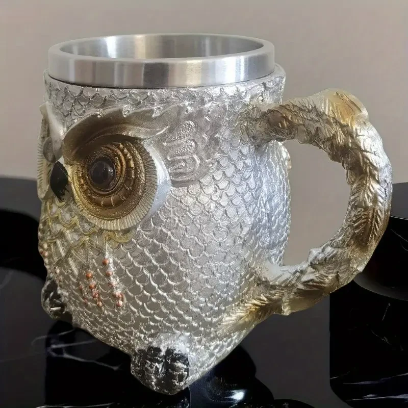 Taza de café de resina de acero inoxidable con búho tallado a mano