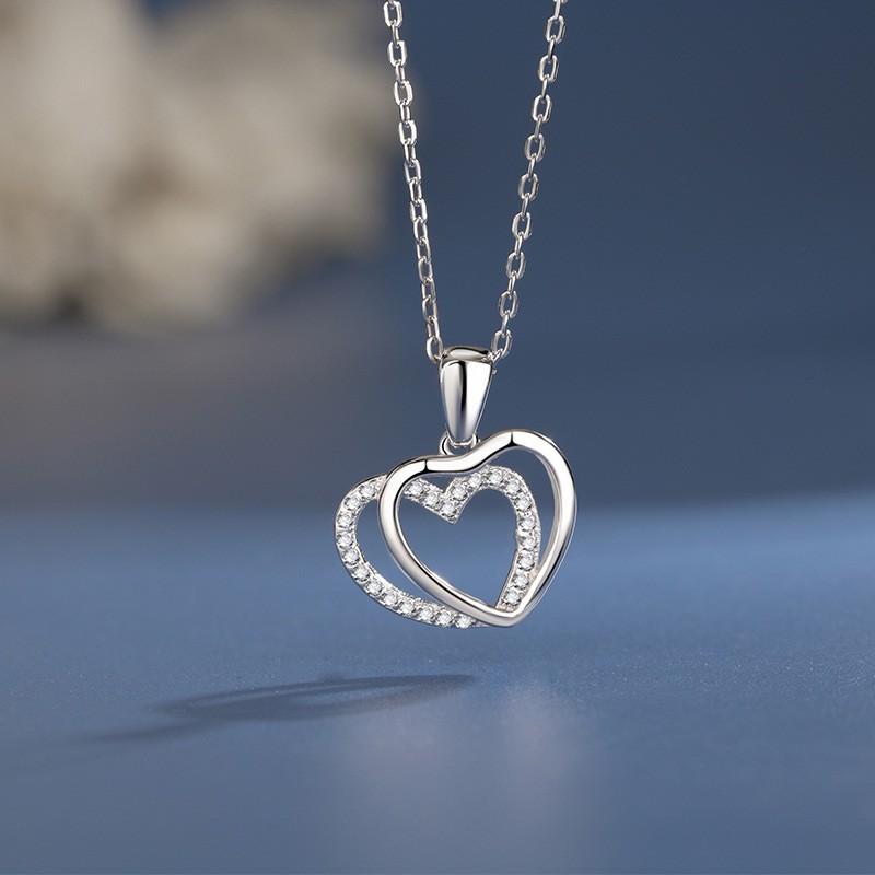 Collar doble de plata de ley 925 con forma de corazón para mujer, verano