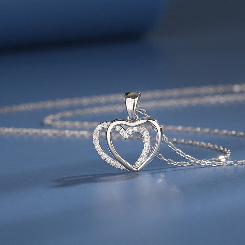 Collar doble de plata de ley 925 con forma de corazón para mujer, verano