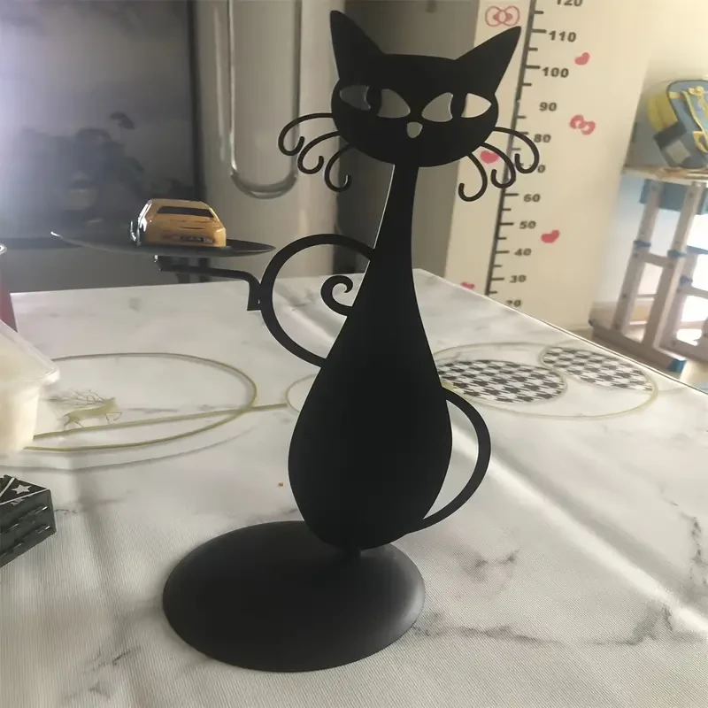 1 portavelas de gato de metal negro caprichoso