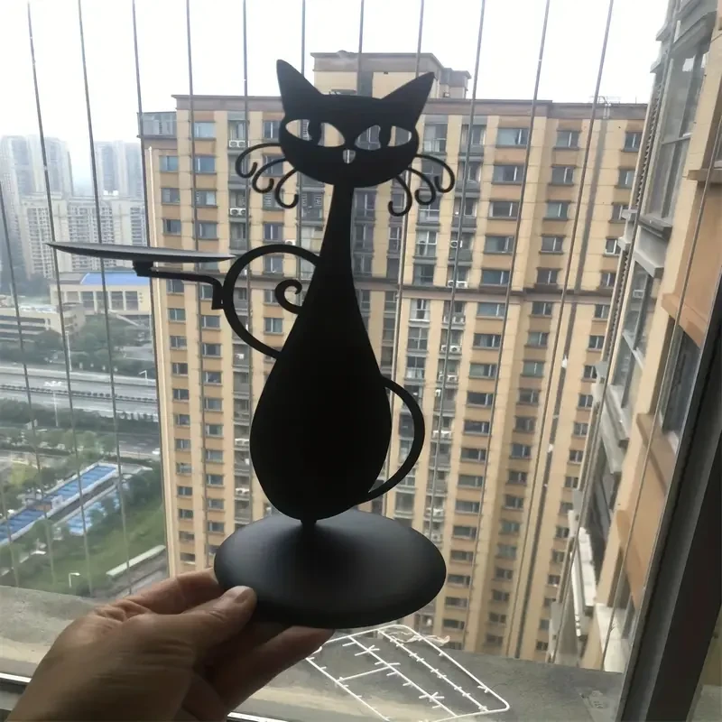 1 portavelas de gato de metal negro caprichoso