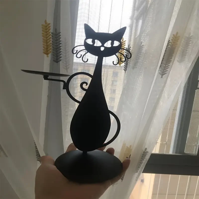 1 portavelas de gato de metal negro caprichoso