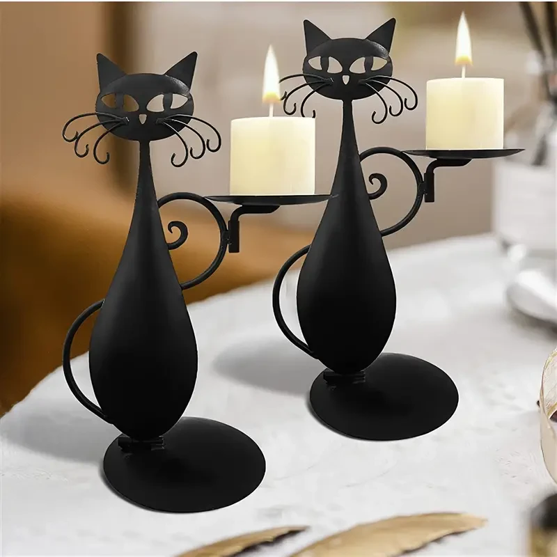 1 portavelas de gato de metal negro caprichoso