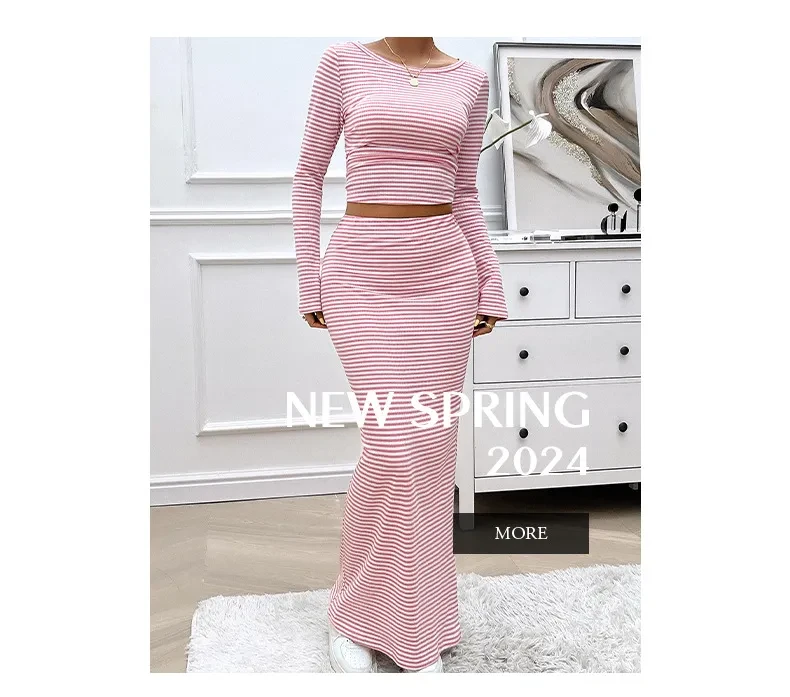 Conjunto de vestido informal de punto a rayas de manga larga con contraste de colores para mujer