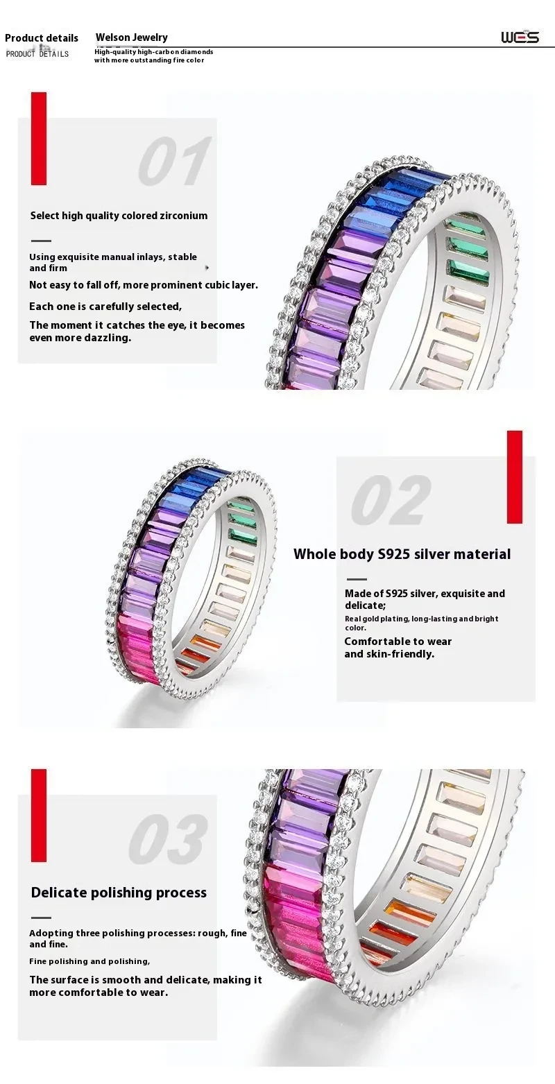 Anillo de plata de ley 925 con gemas de colores incrustadas de una sola fila para hombre y mujer