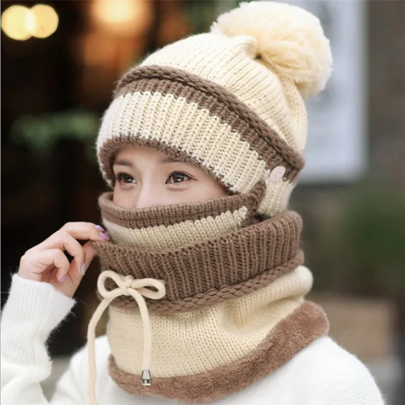 Gorro de lana de invierno para mujer, grueso y cálido, para exteriores, para montar a caballo, resistente al viento, con babero y mascarilla