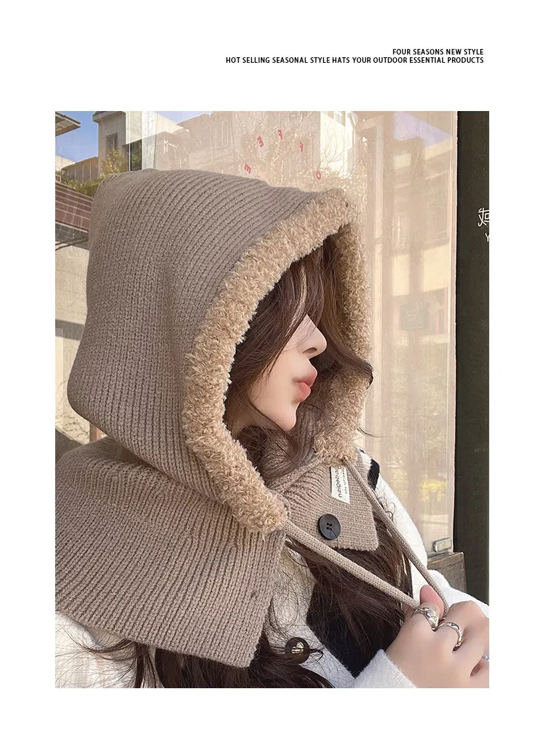 Pasamontañas coreano para mujer, gorro cálido de invierno, bufanda, orejeras, gorro de punto de lana