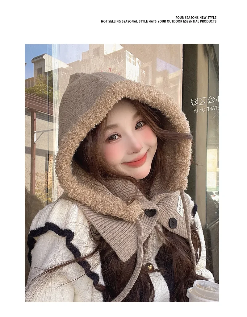 Pasamontañas coreano para mujer, gorro cálido de invierno, bufanda, orejeras, gorro de punto de lana