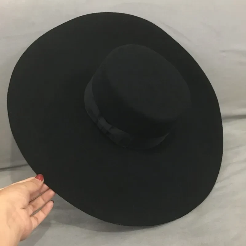 Sombrero de fiesta de moda, sombrero de fieltro de lana, ala ancha, sombrero de copa plana estilo coreano