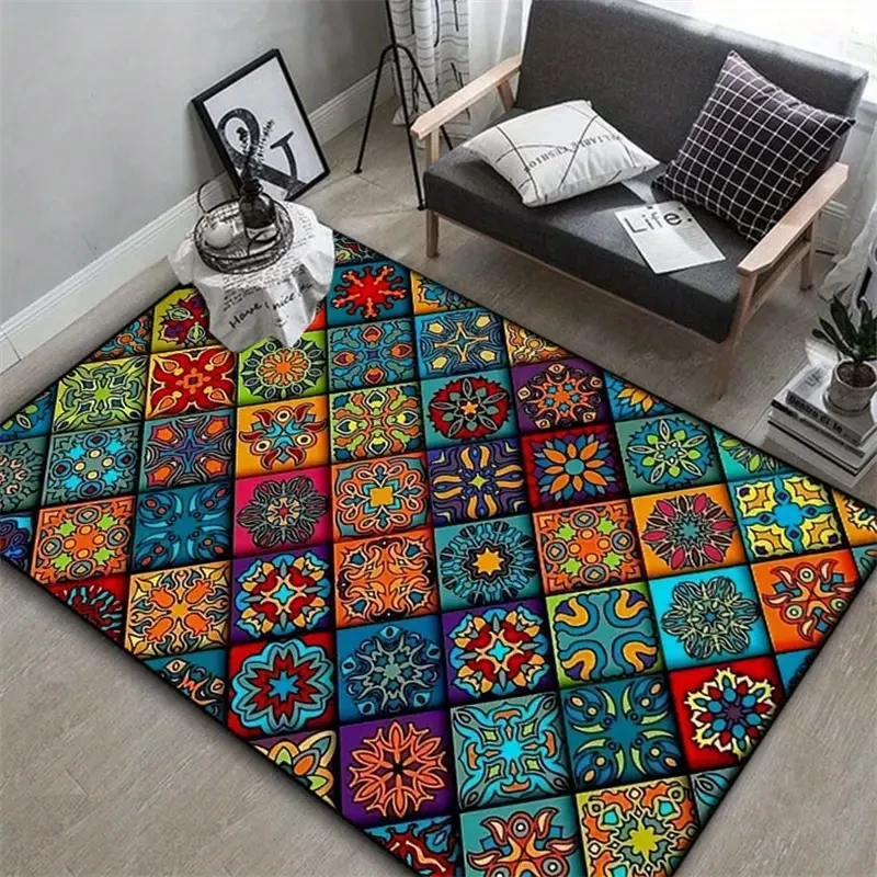 Alfombra personalizada con diseño geométrico de mandala y flores