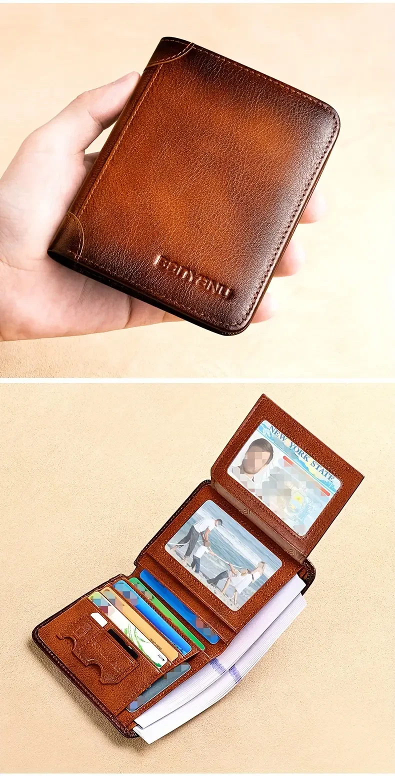 Cartera corta de tres pliegues de piel de vacuno premium para hombre: tarjetero compacto de gran capacidad y múltiples ranuras para tarjetas.