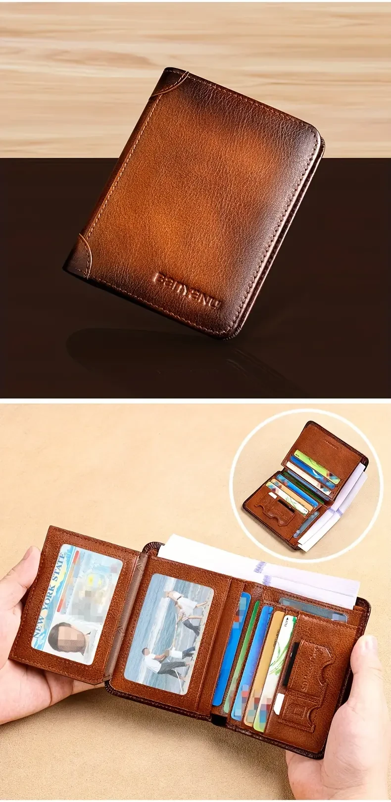 Cartera corta de tres pliegues de piel de vacuno premium para hombre: tarjetero compacto de gran capacidad y múltiples ranuras para tarjetas.