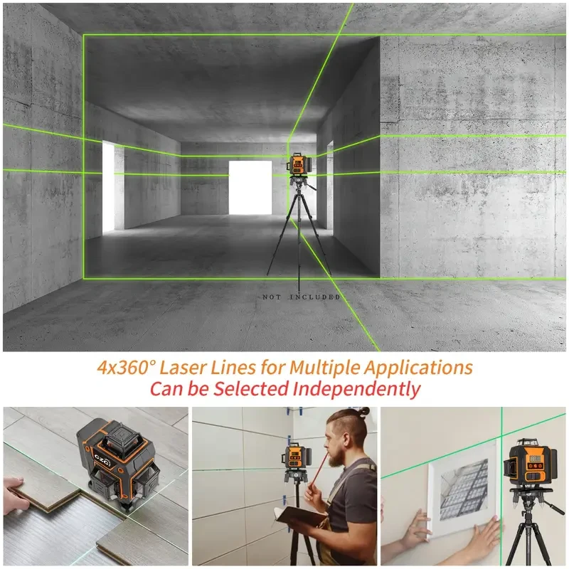 Láser de línea autonivelante GZG 4x360 con 16 líneas, haz verde, modo pulso para construcción, alicatado y montaje de cuadros. Recargable por USB, batería de litio 18650, pantalla LCD, control remoto y base elevadora incluida.
