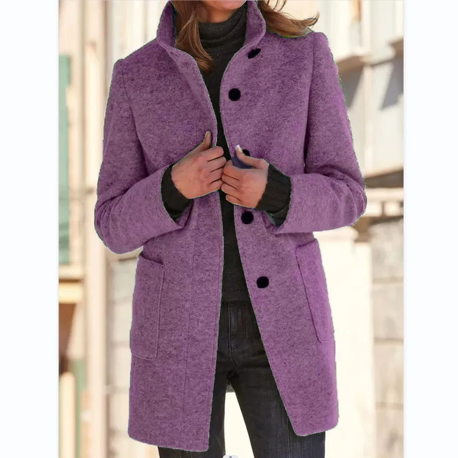 Abrigo de lana con cuello alto y bolsillos para mujer, ropa informal con botones para otoño e invierno