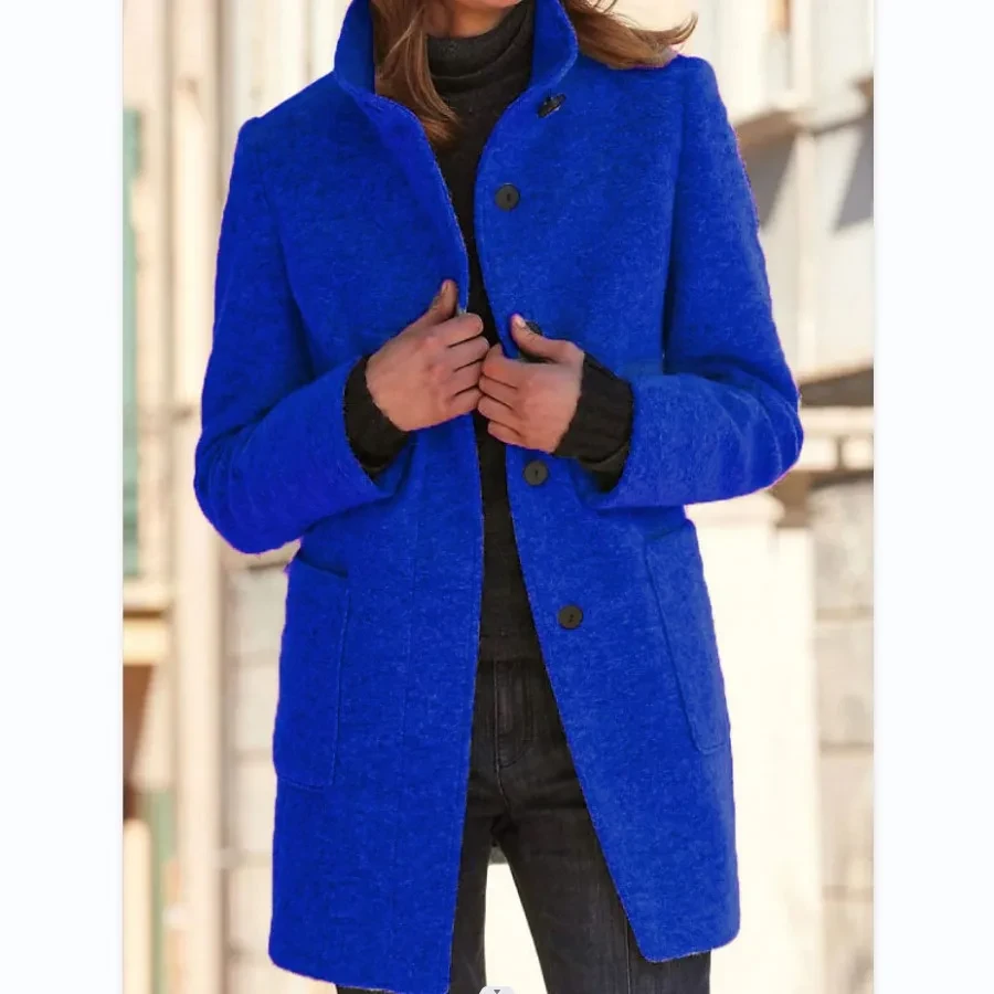Abrigo de lana con cuello alto y bolsillos para mujer, ropa informal con botones para otoño e invierno