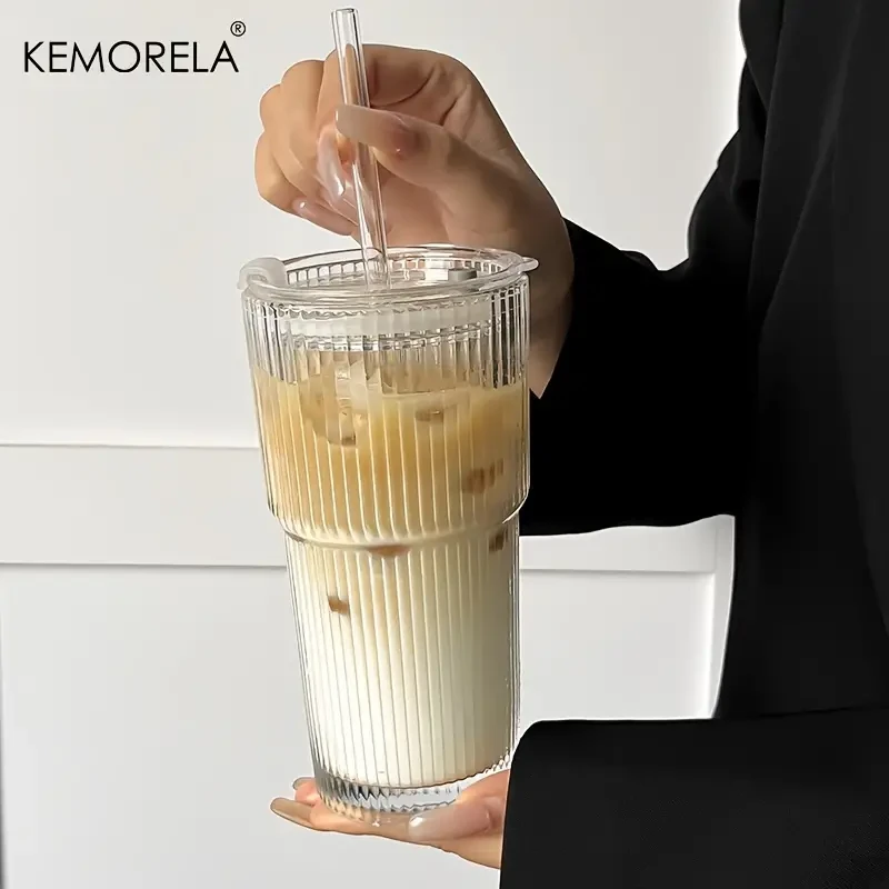 EMORELA Vaso de Cristal Rayado con Tapa -