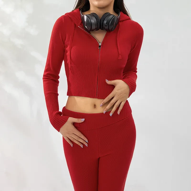 Conjunto de sudadera con capucha para mujer, suéter de manga larga con cremallera sexy y pantalones largos de cintura alta