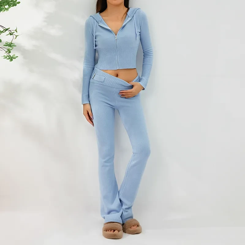 Conjunto de sudadera con capucha para mujer, suéter de manga larga con cremallera sexy y pantalones largos de cintura alta