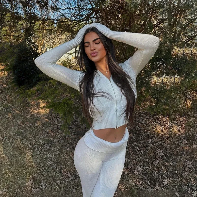 Conjunto de sudadera con capucha para mujer, suéter de manga larga con cremallera sexy y pantalones largos de cintura alta