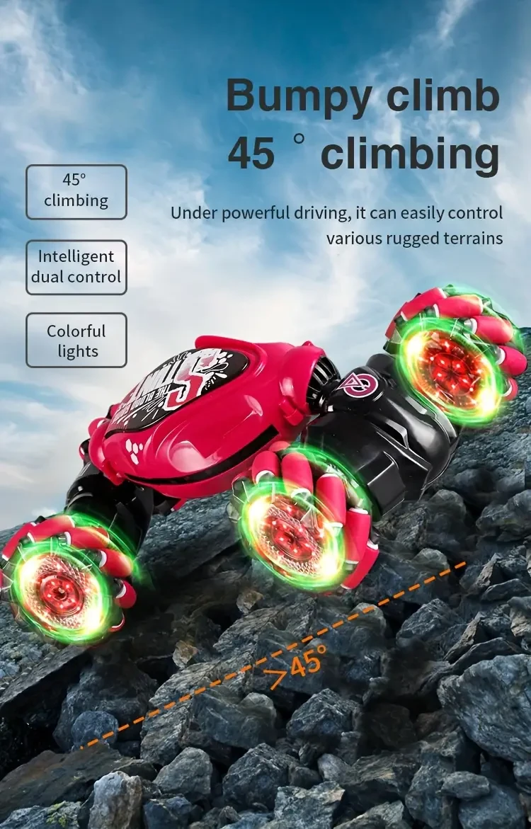 Coche acrobático 2 en 1 con control dual y detección de gestos, 4x4, con luces y sonidos, giro de 360 grados, presentación con una sola tecla, batería recargable por USB, ideal para deportes al aire libre, ideal como regalo de Halloween.