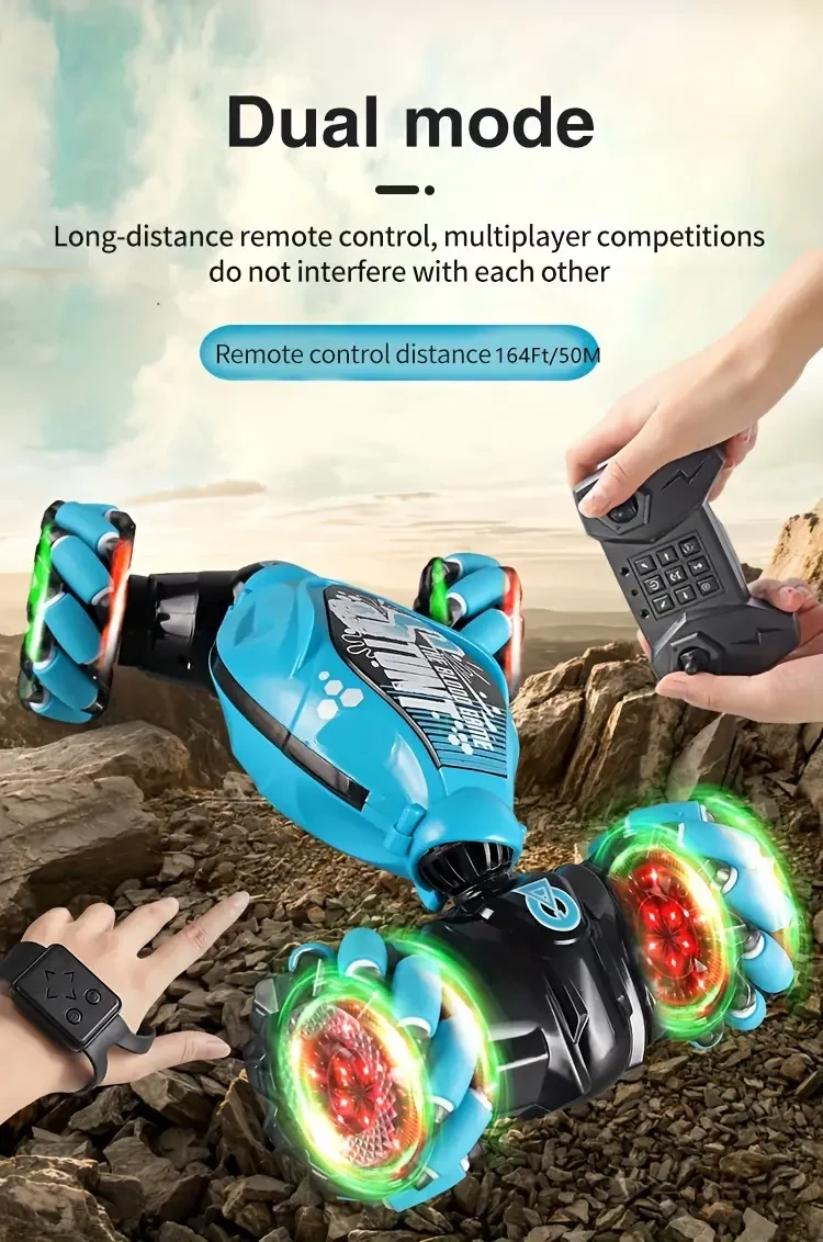 Coche acrobático 2 en 1 con control dual y detección de gestos, 4x4, con luces y sonidos, giro de 360 grados, presentación con una sola tecla, batería recargable por USB, ideal para deportes al aire libre, ideal como regalo de Halloween.