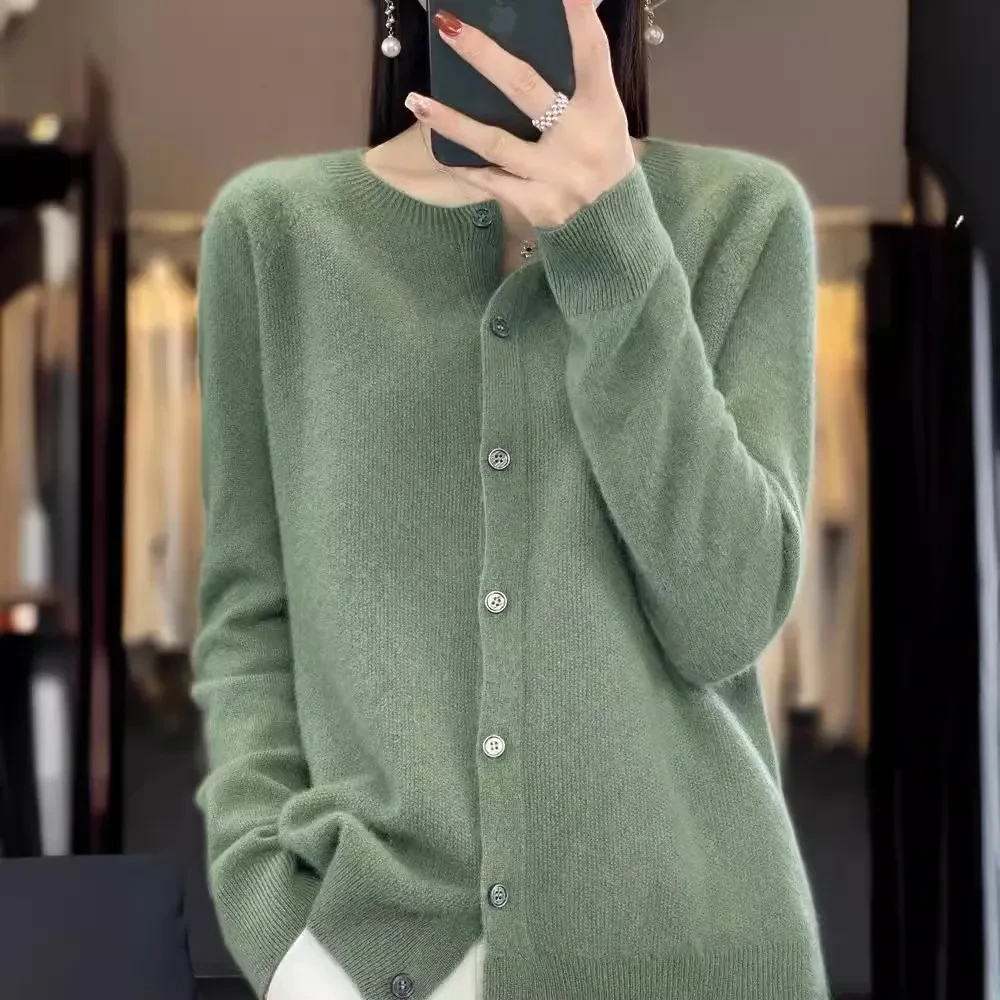 Suéter cárdigan de lana merino de moda para mujer, cuello redondo, manga larga, cachemir, prendas de punto, primavera y otoño, ropa femenina, tops