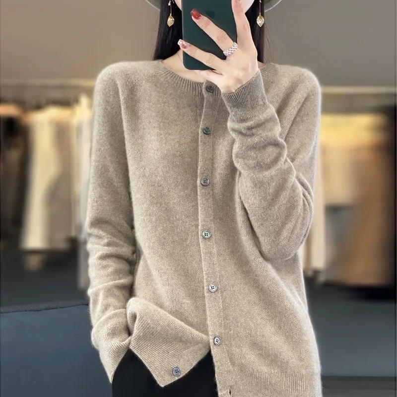 Suéter cárdigan de lana merino de moda para mujer, cuello redondo, manga larga, cachemir, prendas de punto, primavera y otoño, ropa femenina, tops