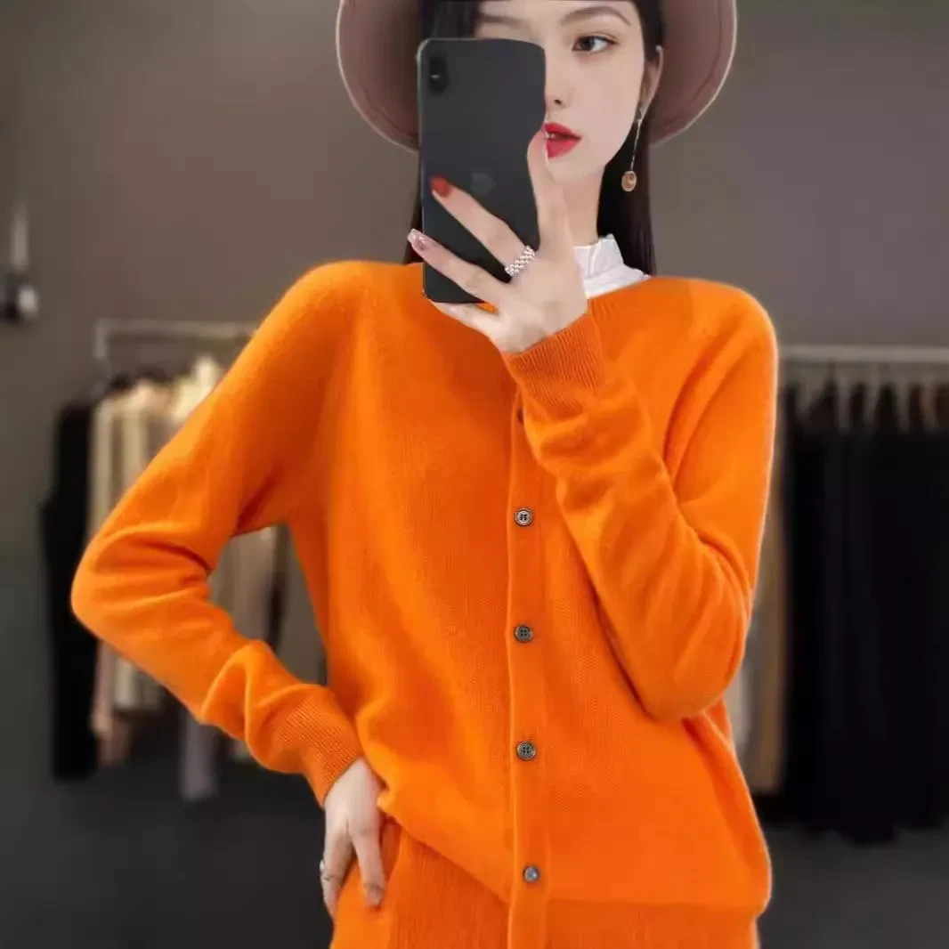Suéter cárdigan de lana merino de moda para mujer, cuello redondo, manga larga, cachemir, prendas de punto, primavera y otoño, ropa femenina, tops