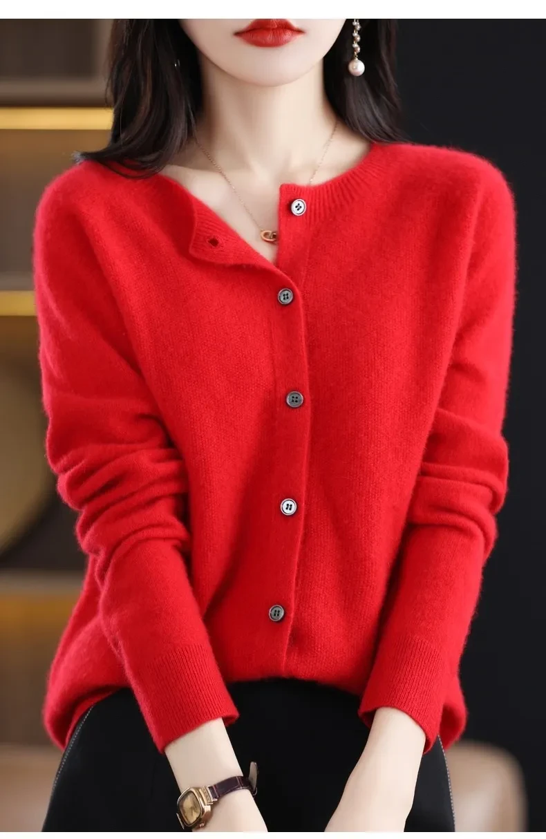 Suéter cárdigan de lana merino de moda para mujer, cuello redondo, manga larga, cachemir, prendas de punto, primavera y otoño, ropa femenina, tops