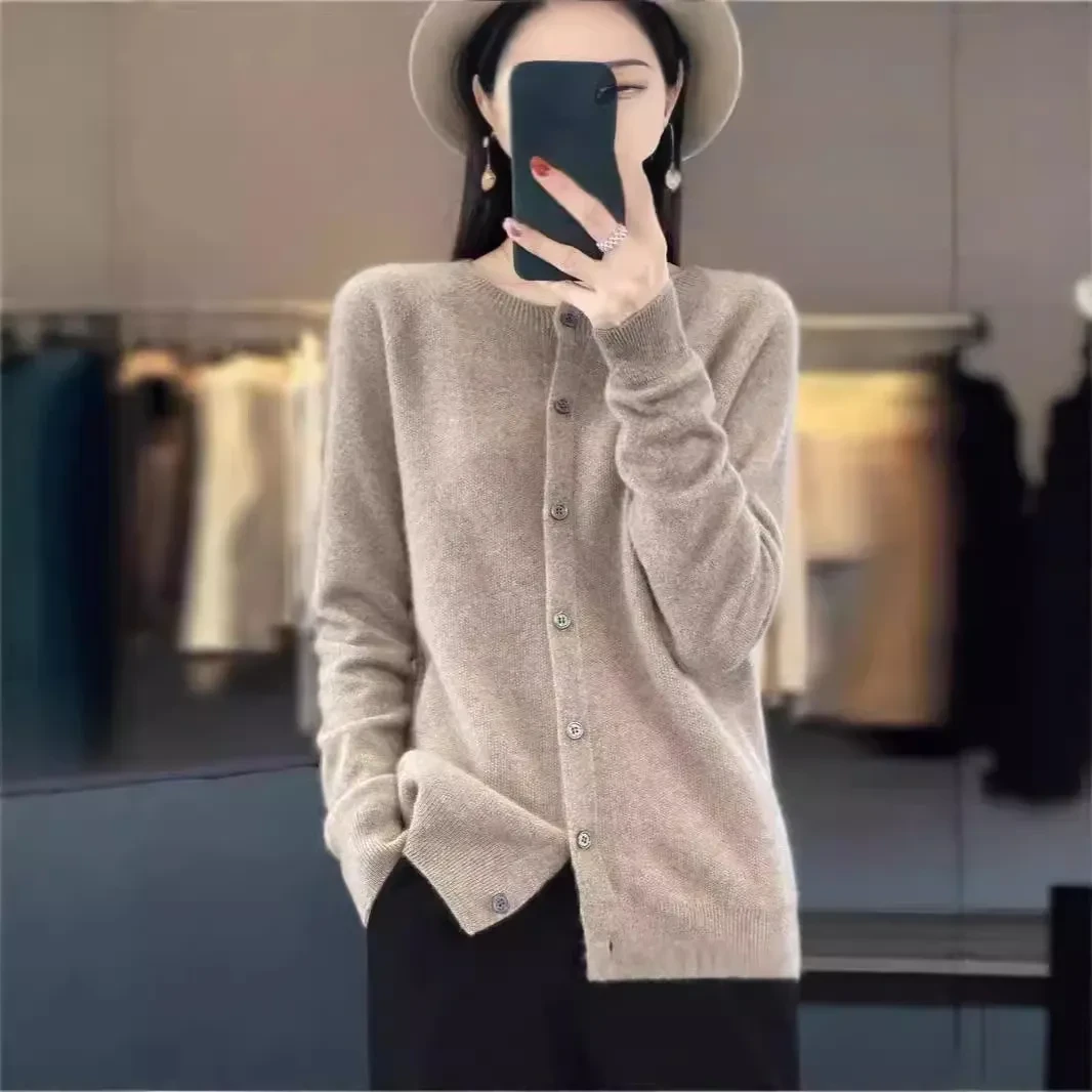 Suéter cárdigan de lana merino de moda para mujer, cuello redondo, manga larga, cachemir, prendas de punto, primavera y otoño, ropa femenina, tops