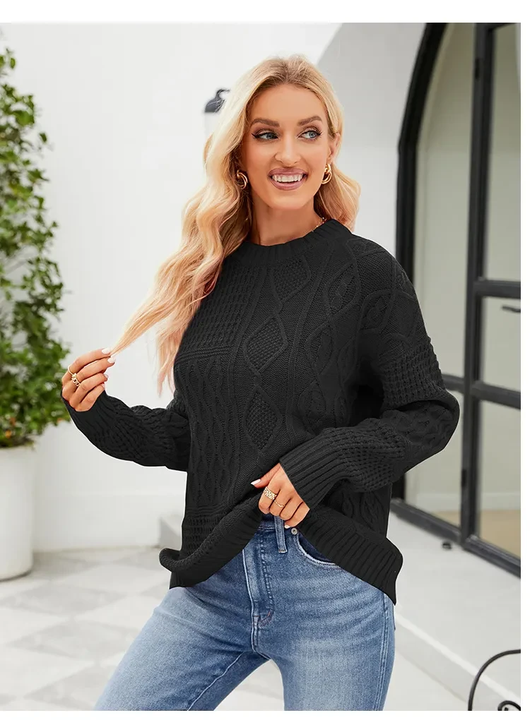 Suéter informal de cuello redondo para otoño e invierno, color liso, con estampado de nudo de cable