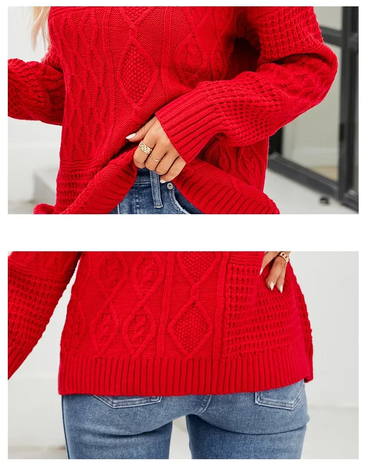 Suéter informal de cuello redondo para otoño e invierno, color liso, con estampado de nudo de cable