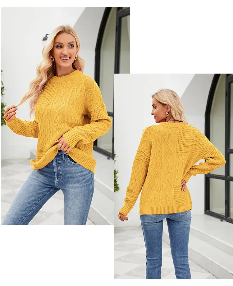 Suéter informal de cuello redondo para otoño e invierno, color liso, con estampado de nudo de cable
