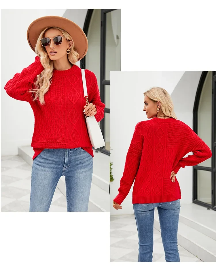 Suéter informal de cuello redondo para otoño e invierno, color liso, con estampado de nudo de cable