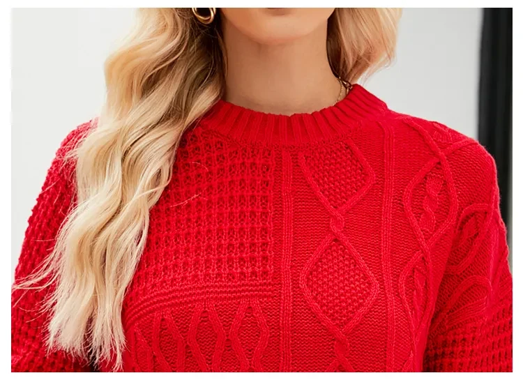 Suéter informal de cuello redondo para otoño e invierno, color liso, con estampado de nudo de cable
