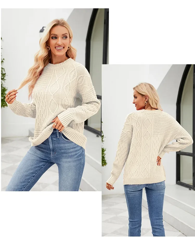 Suéter informal de cuello redondo para otoño e invierno, color liso, con estampado de nudo de cable
