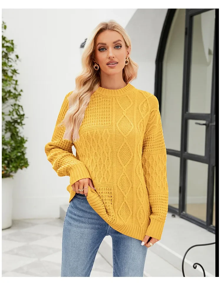 Suéter informal de cuello redondo para otoño e invierno, color liso, con estampado de nudo de cable
