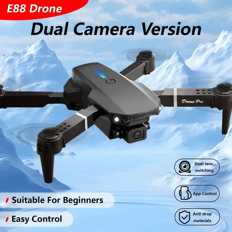 Dron cuadricóptero E88 HD con cámara dual, retorno con un solo clic, control por wifi, carga USB, captura de video de 480p, vuelo en interiores, peso máximo de despegue de 120 g, distancia máxima de control de 50 m, altitud máxima de 50 m - Nivel principi