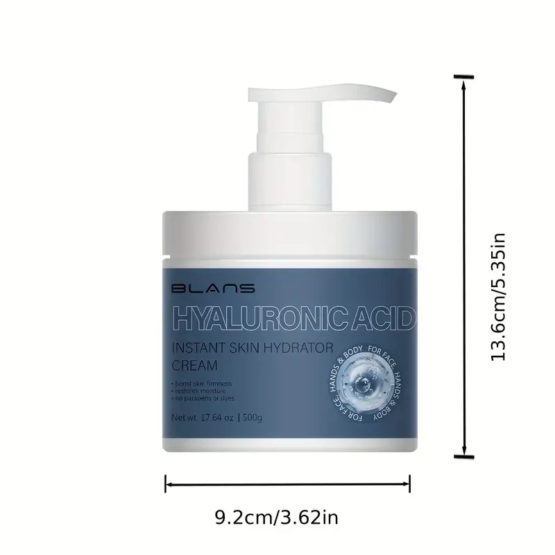 Loción corporal e hidratante facial con ácido hialurónico (500 g) y vitamina E | Loción hidratante reafirmante para piel seca | Productos para el cuidado de la piel: rostro, cuerpo, manos y pies, para mujeres y hombres, con escualano vegetal