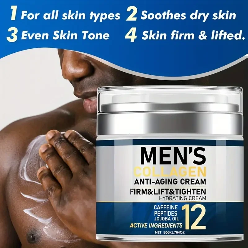 Crema reafirmante de colágeno para hombres (50 g), hidratante facial antiedad con cafeína, vitamina E y niacinamida para todo tipo de piel.