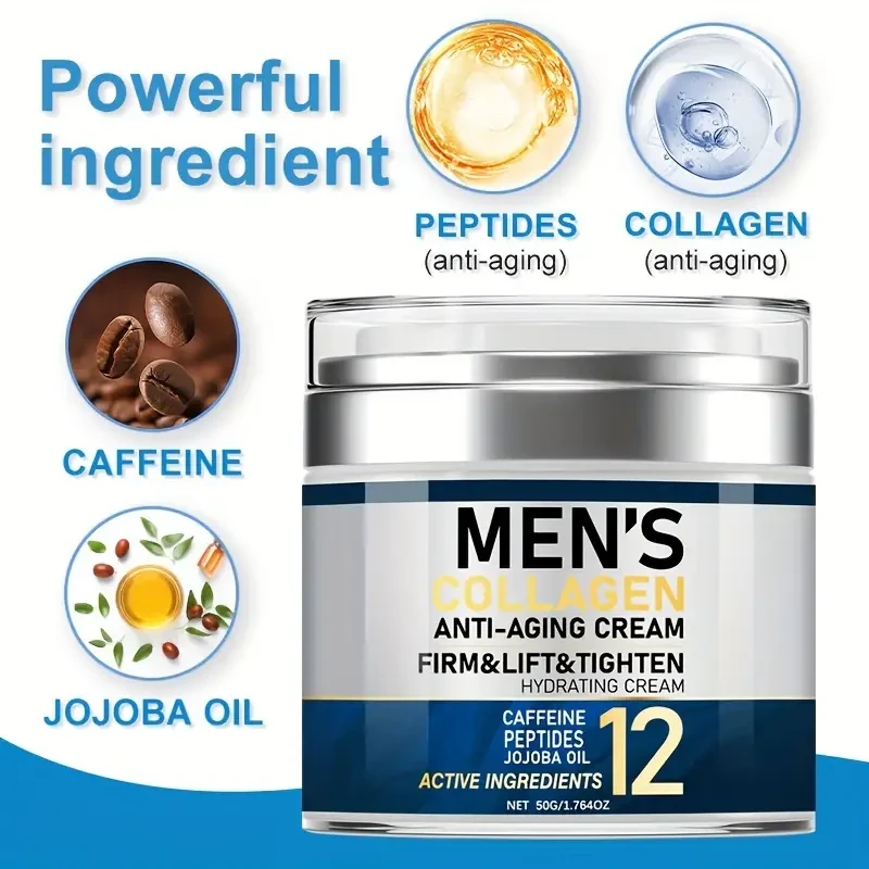 Crema reafirmante de colágeno para hombres (50 g), hidratante facial antiedad con cafeína, vitamina E y niacinamida para todo tipo de piel.